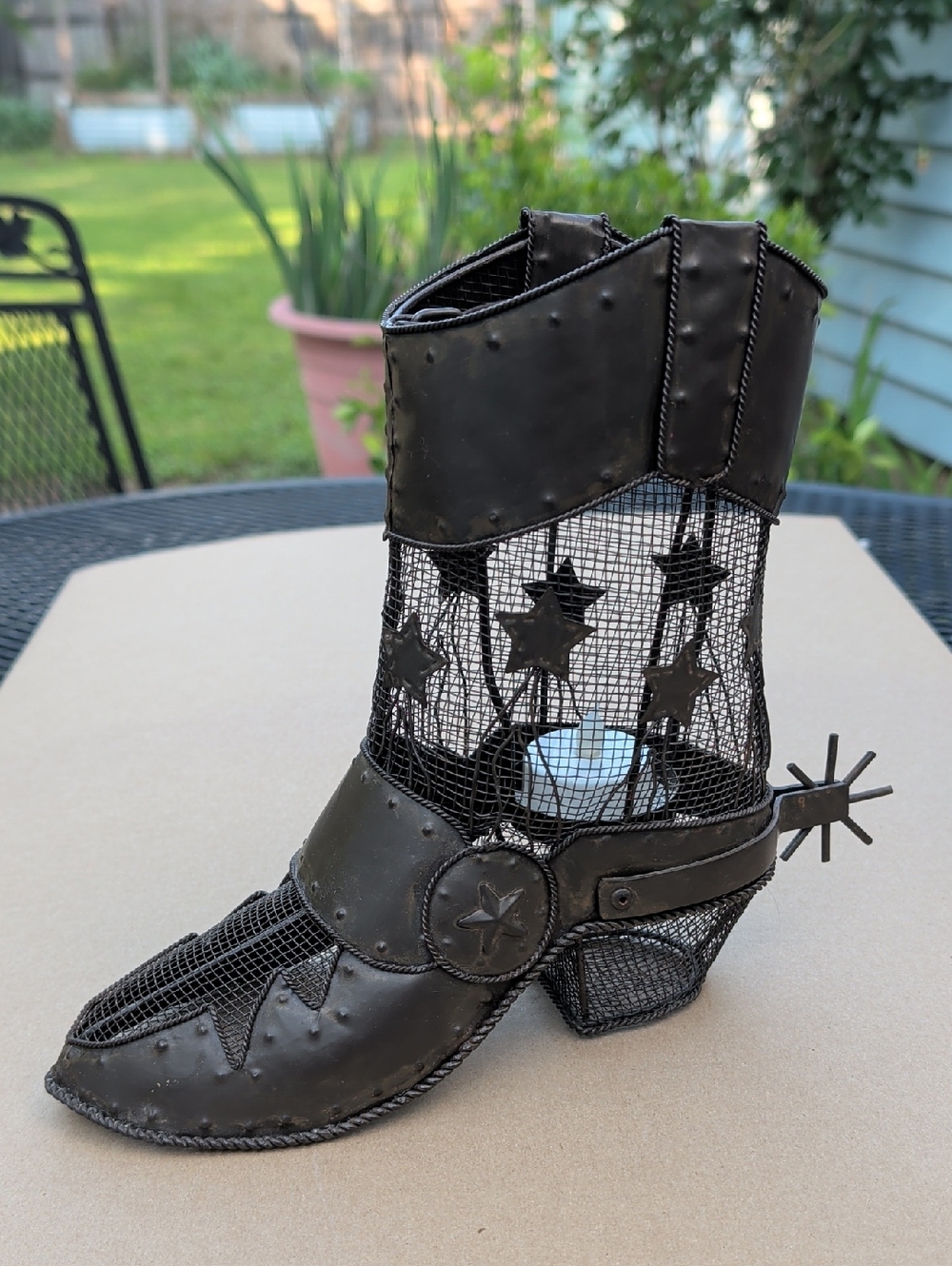 Black Brown Star Mesh Western Boot Metal Candle Holder Western Cowboy Rodeo